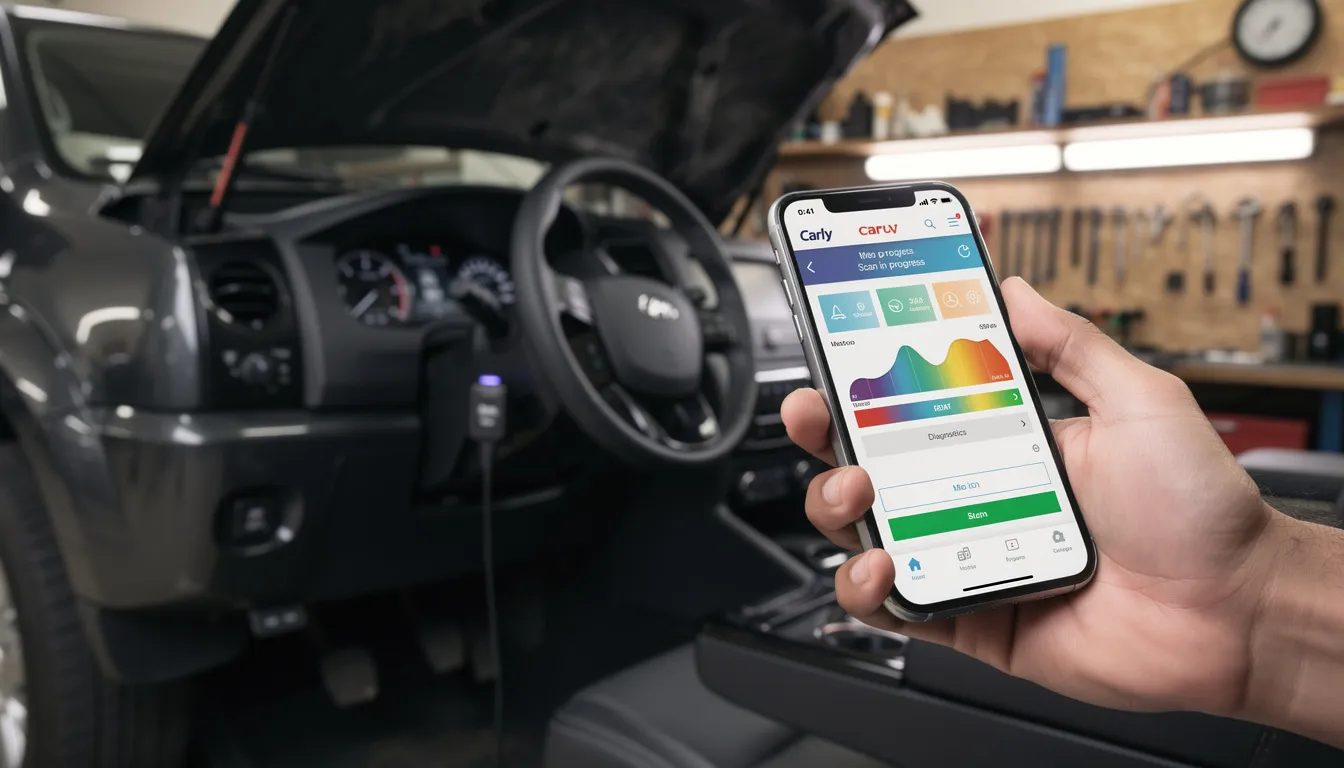 An OBD scanner is connected to a diesel truck, specifically a Dodge Ram Cummins, as it performs a diagnostic scan to check the truck's emissions systems and engine performance. The scanner is analyzing components related to the diesel particulate filter and exhaust gas recirculation to ensure optimal fuel efficiency and compliance with environmental regulations.