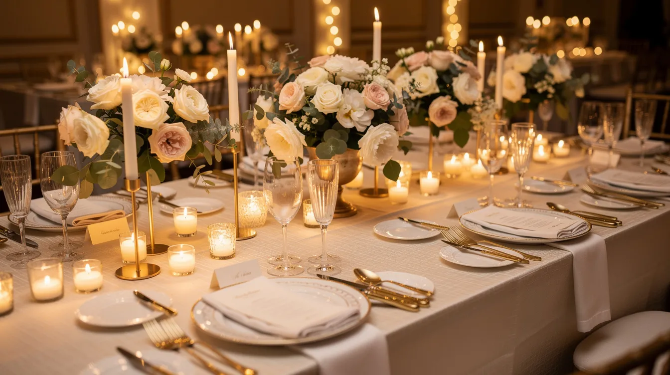 Wedding decor checklist with marquee letters behind a reception sweetheart table