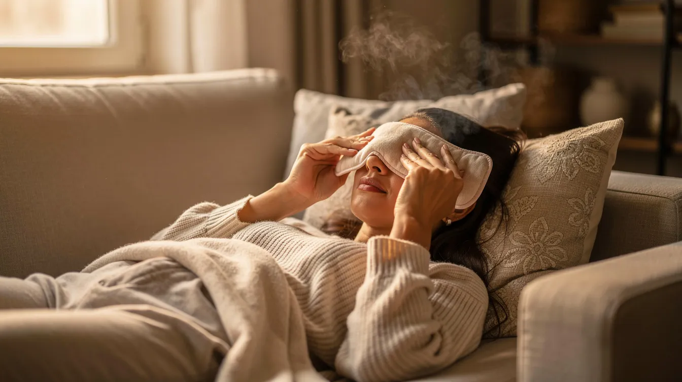 Una mujer de mediana edad está recostada en un sofá, aplicando una compresa tibia sobre sus ojos cerrados, lo que sugiere que busca alivio por la falta de sueño o el exceso de información. Su rostro refleja un momento de cuidado personal, mientras sus párpados descansan en esta sesión de relajación.