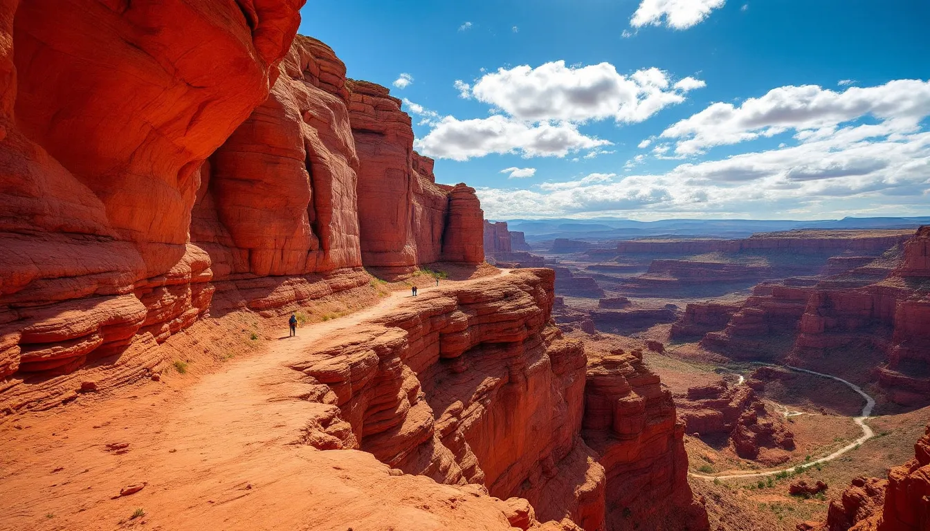 A stunning red rock canyon landscape features a visible hiking trail along the cliff edge, inviting outdoor enthusiasts to explore the natural beauty of the area, reminiscent of places like Bryce Canyon National Park and Cedar Breaks National Monument, both popular destinations near Brian Head, Utah.