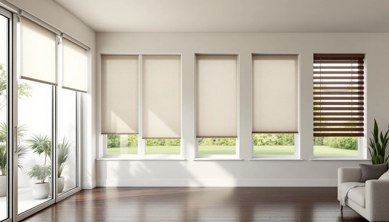 Different types of privacy blinds hanging in a modern home setting.