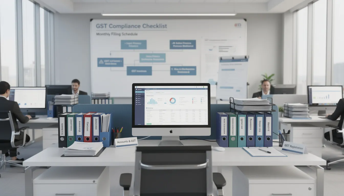 The image depicts a well-organized business premises with a clear setup for GST compliance, featuring neatly arranged documents, tax invoices, and compliance materials related to the Goods and Services Tax (GST) regime. This setup emphasizes the importance of proper GST registration and the management of input tax credits to ensure adherence to the GST Act and avoid non-compliance.