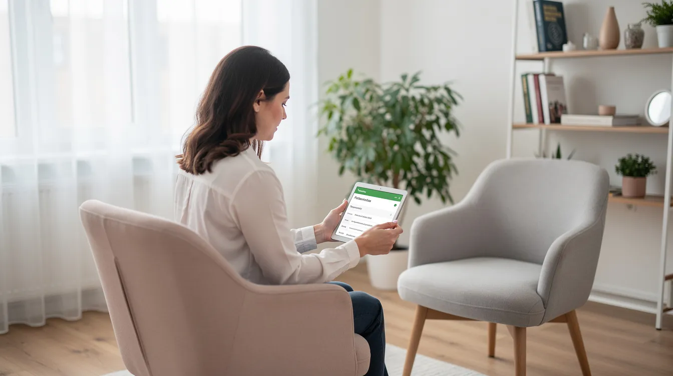 Eine Therapeutin nutzt ein Tablet in einem modernen, hellen Behandlungsraum, um Patienteninformationen zu verwalten und Termine zu planen. Der Raum ist freundlich gestaltet und bietet eine angenehme Atmosphäre für die Therapie.