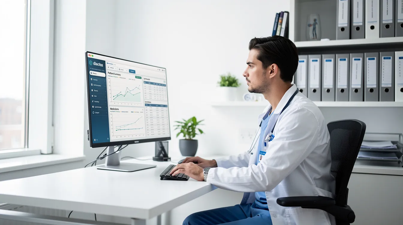 A healthcare professional is focused on reviewing patient charts displayed on a computer screen in a modern medical office, emphasizing the importance of accurate medical billing and effective revenue cycle management. This scene highlights the role of healthcare providers in ensuring timely reimbursement and maintaining financial health within healthcare organizations.