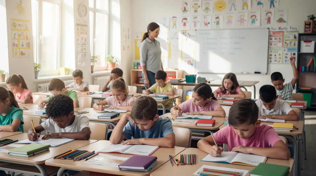 The image depicts a primary school classroom where children are seated at individual desks, some appearing focused on their tasks while others show signs of uncertainty. This scene highlights the diverse learning experiences of students, including those with autism spectrum disorder and other learning difficulties, as they navigate social interactions and communication skills in an educational setting.