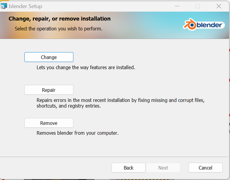 This is showing the change, repair or remove Blender wizard for an already installed Blender