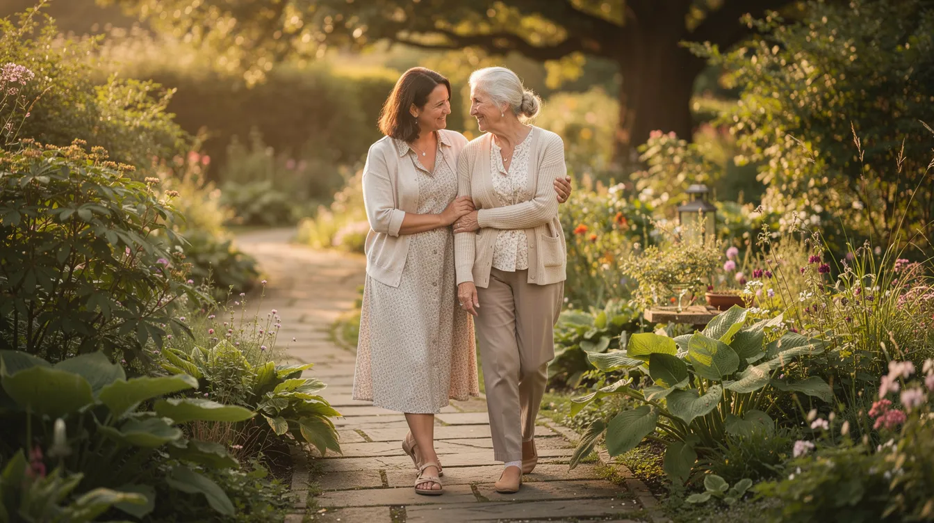 An adult daughter and her elderly mother walk arm-in-arm along a lush green garden path, illuminated by warm afternoon sunlight, symbolizing the support and love shared between family members as they navigate the challenges of aging. This image reflects the essence of personal care and the importance of practical support for older adults in their daily living.