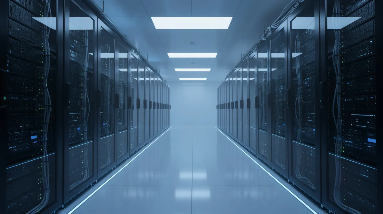 Das Bild zeigt das Innere eines modernen Rechenzentrums mit Reihen von eleganten Server-Racks, die von blauem Licht beleuchtet werden. Es verdeutlicht die fortschrittliche Hardware-Konfiguration, die für die Verwaltung und Unterstützung der Kernnetzfunktionen verwendet wird. Diese Umgebung ist unerlässlich für die Überwachung und Bereitstellung einer servicebasierten Architektur in Mobilfunknetzen, was eine effiziente Kommunikation und Datenverarbeitung ermöglicht.