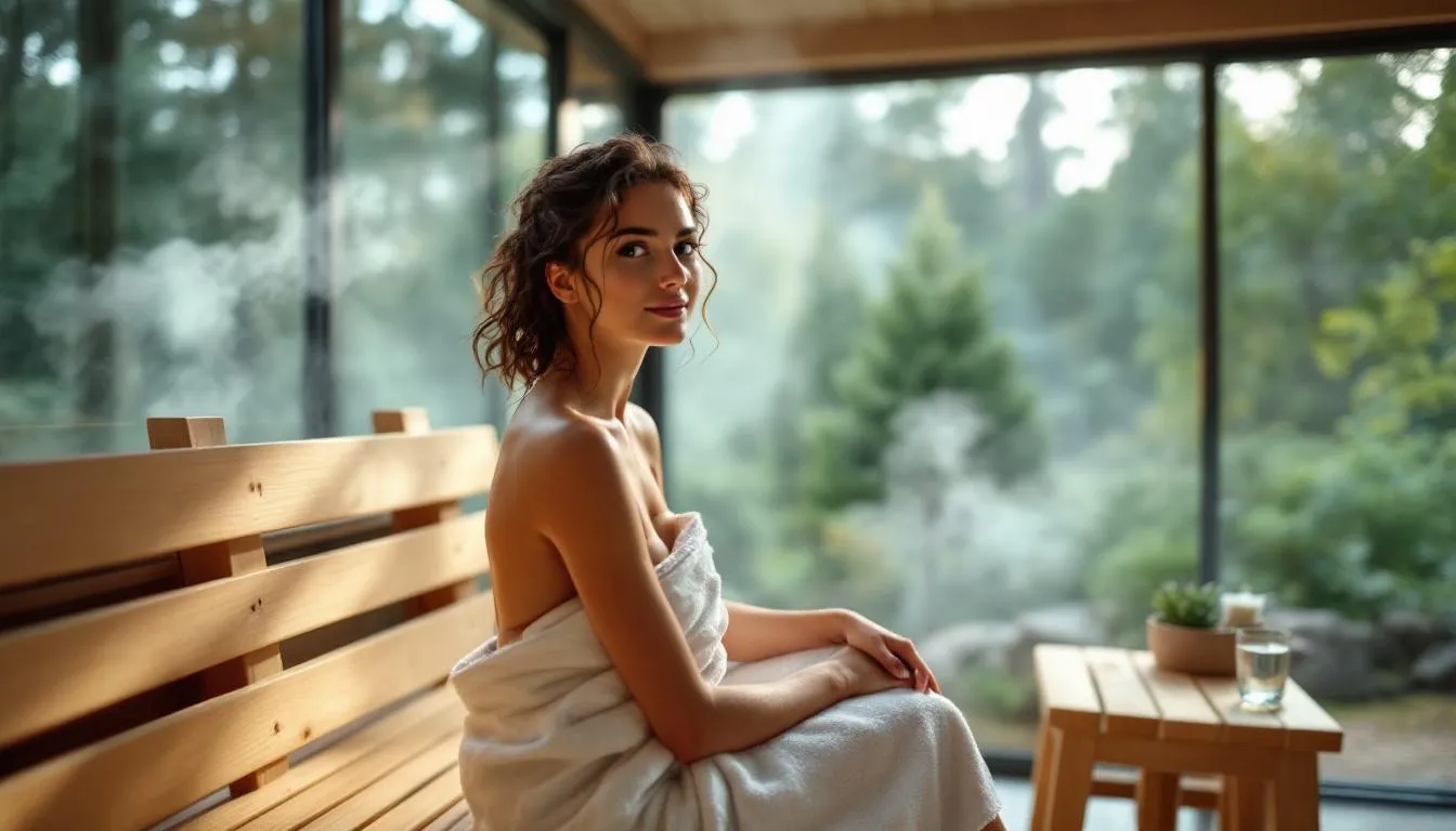 A woman relaxes in a beautifully designed sauna room, benefiting from good ventilation that ensures a steady flow of fresh air supply, enhancing her sauna experience. The setup includes an exhaust vent and supply vents that promote proper air circulation, preventing stale air and maintaining optimal air quality.