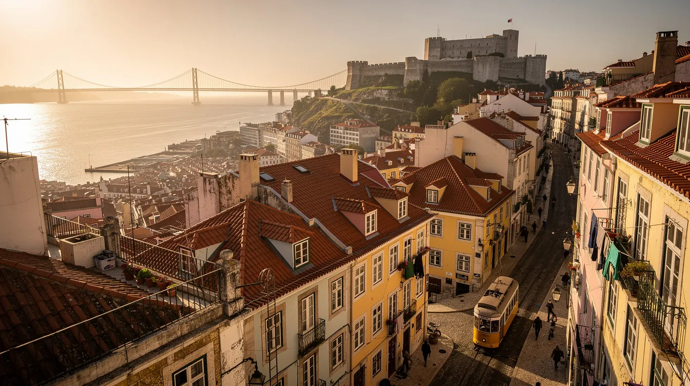 A imagem retrata uma vista panorâmica de Lisboa, destacando o centro histórico da cidade com o icônico Castelo de São Jorge ao fundo, cercado por colinas e o rio Tejo. É possível ver também a movimentação da Praça do Comércio, um dos pontos turísticos mais visitados, além de algumas ruas típicas onde turistas saboreiam o famoso pastel de nata.