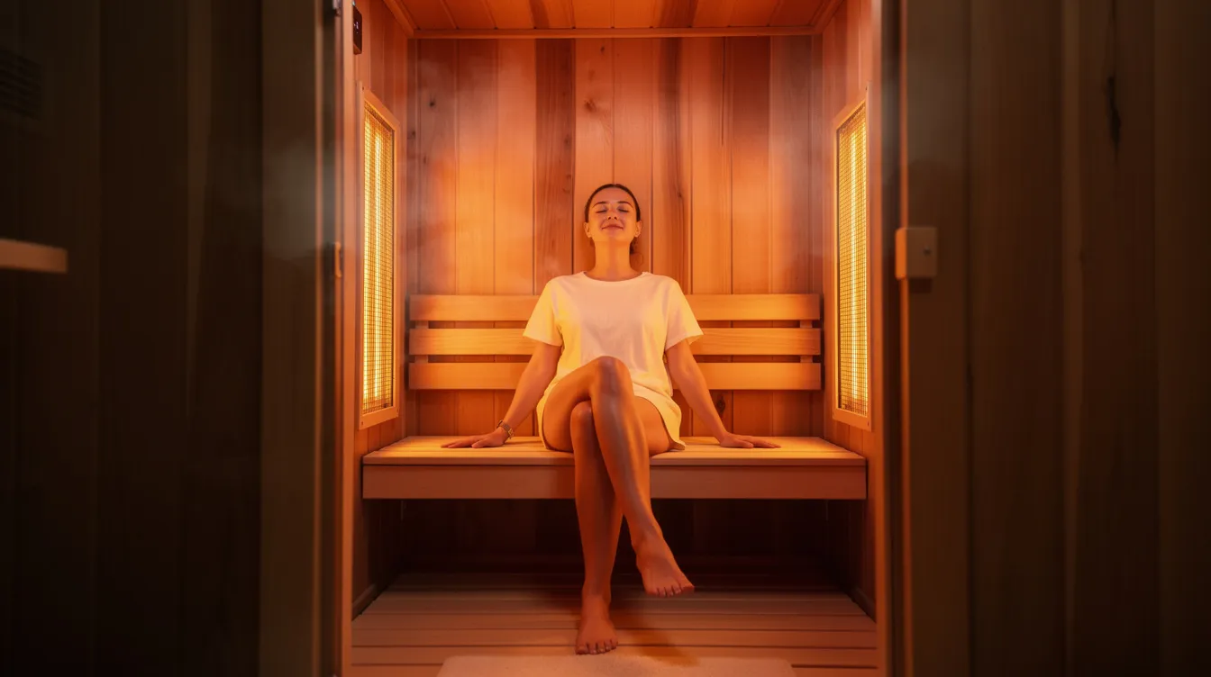 A person is relaxing inside a wooden infrared sauna cabin, surrounded by warm lighting that enhances the tranquil atmosphere. This sauna session can promote weight loss and improve metabolic health, making it a beneficial addition to a fasting routine.