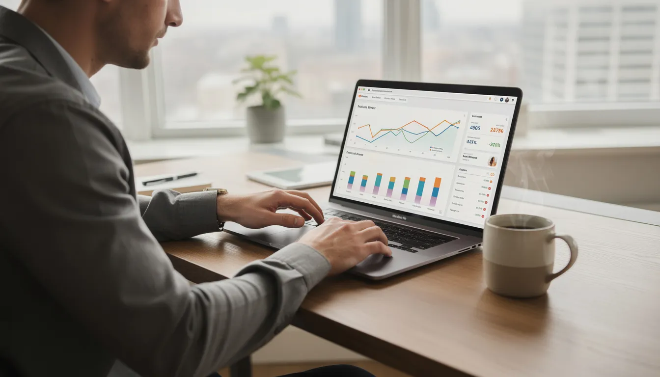 An entrepreneur sits at a desk, focused on their laptop while sipping coffee from a mug, analyzing data from their online store's analytics. The scene captures the essence of running a print on demand business, showcasing the dedication to understanding customer orders and optimizing profit margins.