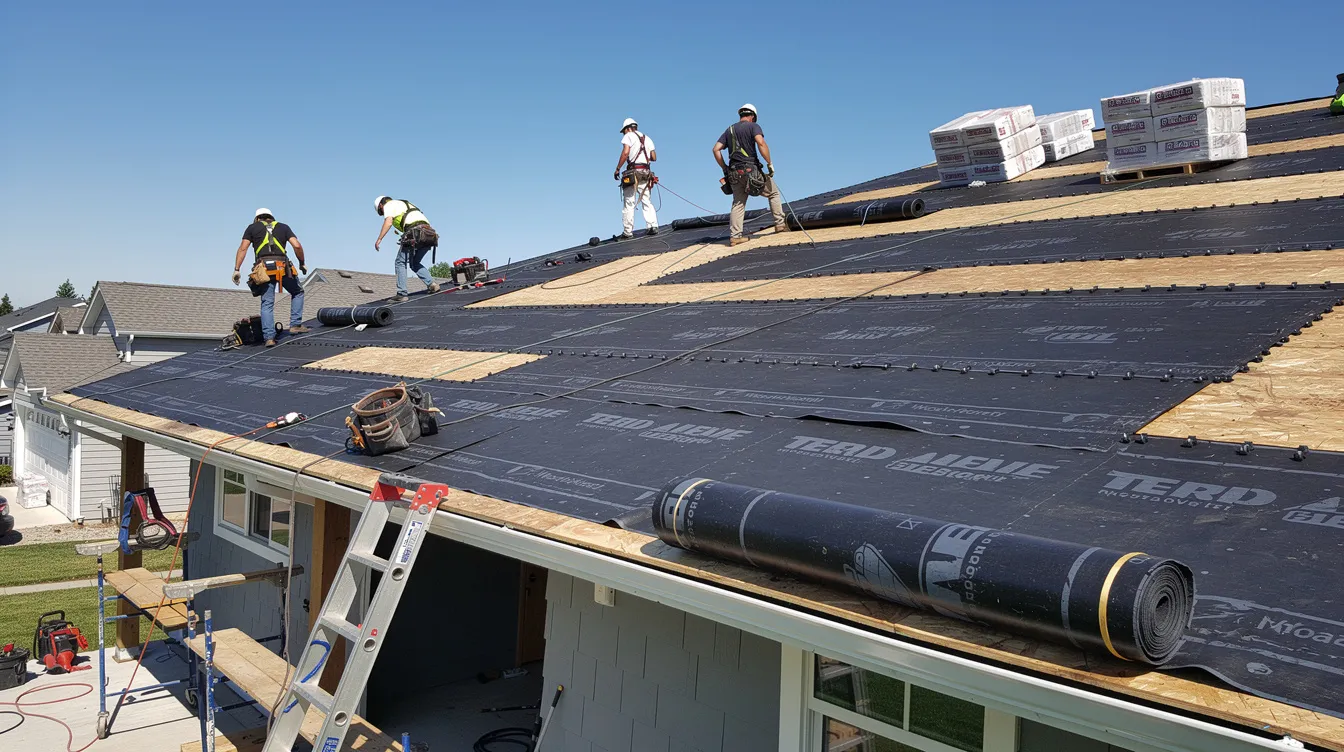 A roofing crew is diligently installing underlayment on a house, preparing for the upcoming hurricane season in the Tampa Bay area. This crucial step helps protect the roof's condition against hurricane force winds and potential storm damage.