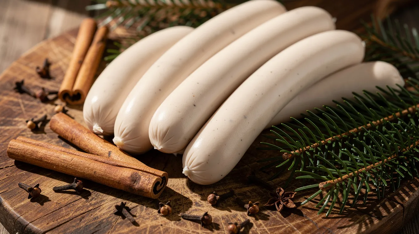 Auf einem rustikalen Holzbrett liegen helle Weißwürste, umgeben von Zimtstangen, Nelken und Tannenzweigen, die eine festliche Atmosphäre schaffen. Diese Kombination aus traditionellen Zutaten und Gewürzen verspricht ein einzigartiges Geschmackserlebnis und erinnert an die Weihnachtszeit in Schlesien.