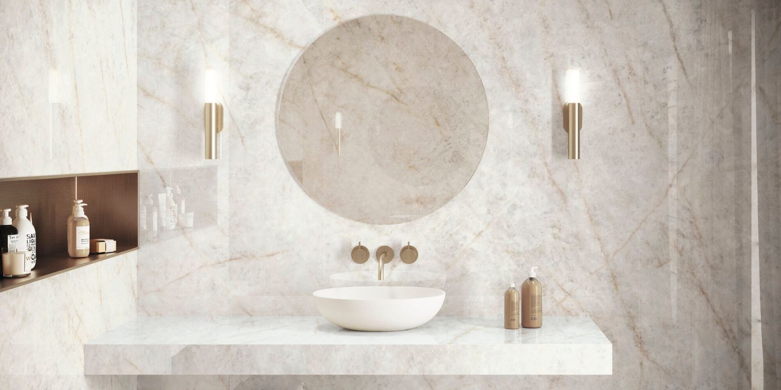 Marble effect walled bathroom with pink streaks and gold fixtures.