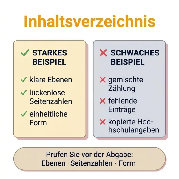 Gegenüberstellung von Inhaltsverzeichnissen: Starkes Beispiel mit klaren Ebenen, lückenlosen Seitenzahlen und einheitlicher Form vs. Schwaches Beispiel mit gemischter Zählung, fehlenden Einträgen und kopierten Hochschulangaben