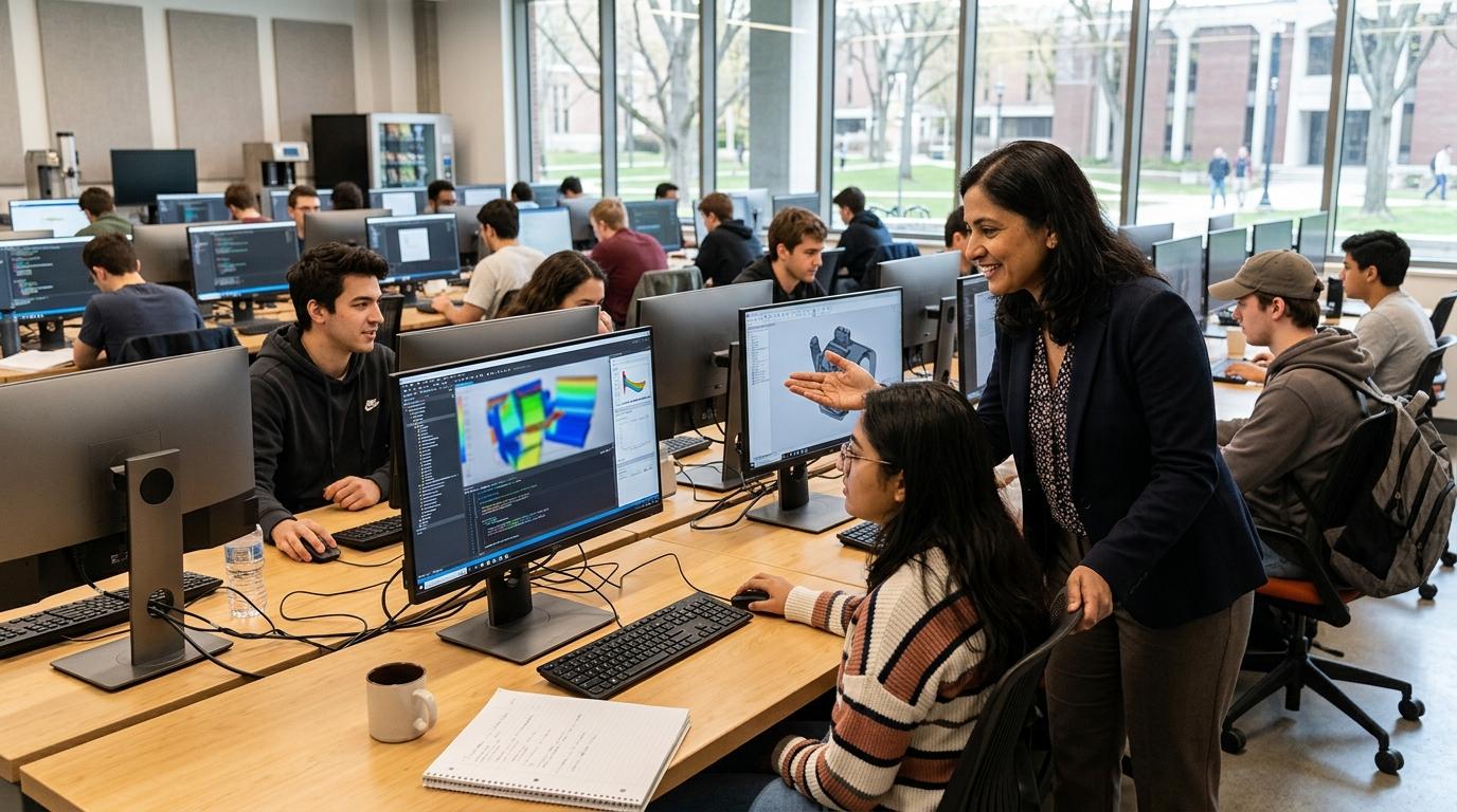 University instructor assisting students using cloud-hosted virtual desktops while learners collaborate on practical coursework with real software, bright academic setting, realistic photography, no text or interface labels.Cybersecurity operations center overseeing encrypted cloud-based virtual lab environments with students working securely on laptops in the background, realistic enterprise style, no text or branding.