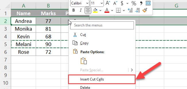 Click the Insert Cut Cells option