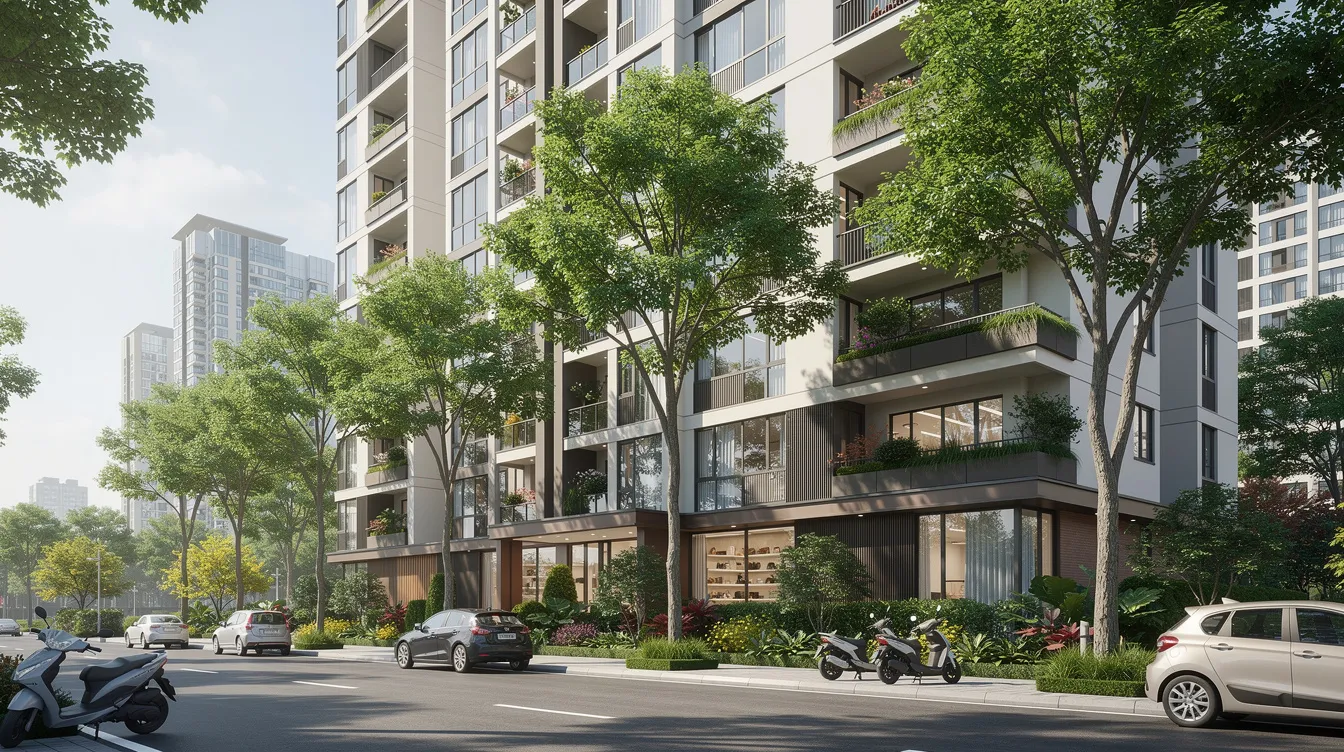 The image depicts a modern residential apartment building nestled in a vibrant Asian city, surrounded by lush greenery. This scene reflects the urban lifestyle and could be appealing for new entrants in 公務員 職位 looking for a serene living environment in 2026.