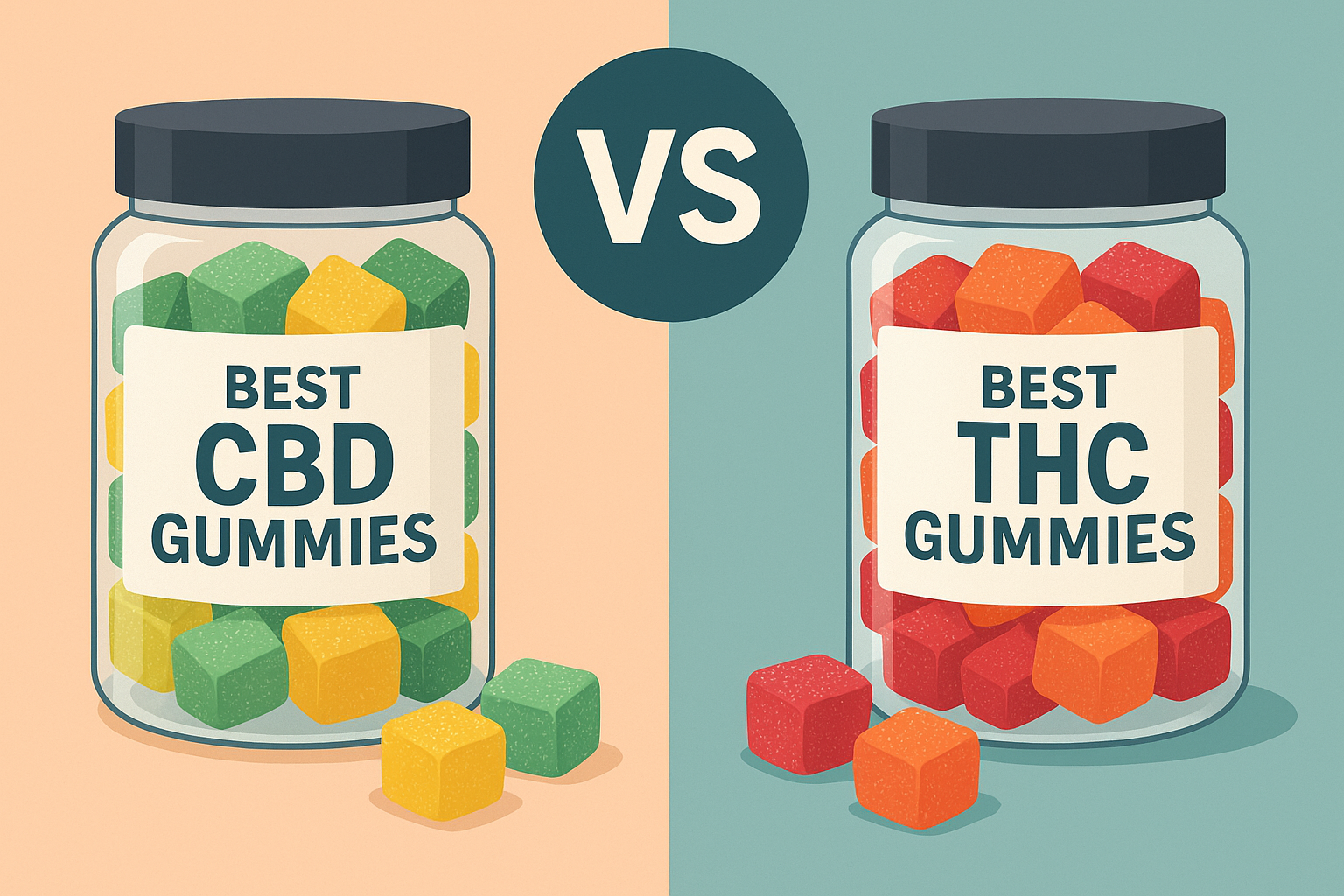 Flat illustration comparing two jars labeled “Best CBD Gummies” and “Best THC Gummies,” with green-yellow gummies in the CBD jar and red-orange gummies in the THC jar, separated by a bold “VS” on a split peach and teal background.