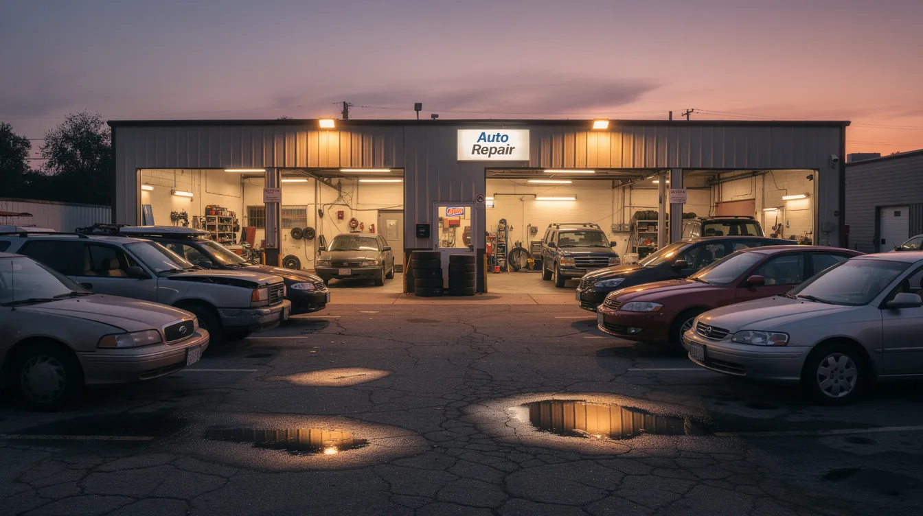 The image shows several cars parked in an auto repair shop parking lot at dusk, with the fading light casting a serene ambiance over the scene. This setting highlights the importance of auto repair shop insurance and the various vehicles, including customer cars and company vehicles, that are essential for the operation of an auto repair business.