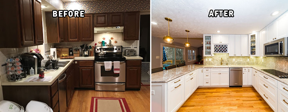 Before and after of a kitchen remodeling using white shaker cabinets