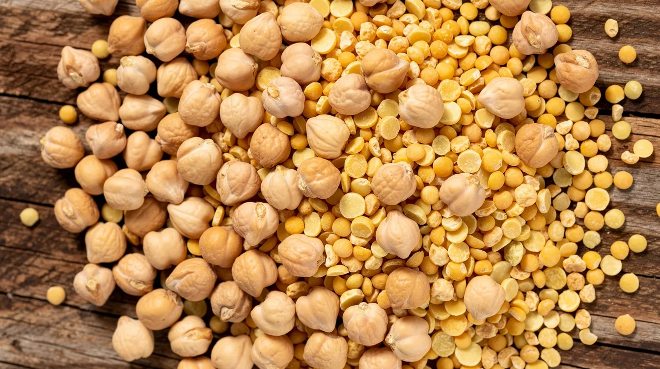 6df2a9c1 fed9 4844 854e c6bada49f01b The image shows a close-up view of dried chickpeas and chana dal scattered on a wooden surface, highlighting the raw materials used in the besan production process. These legumes, rich in protein, are essential for creating gram flour, which is a key ingredient in various health foods and cuisines.