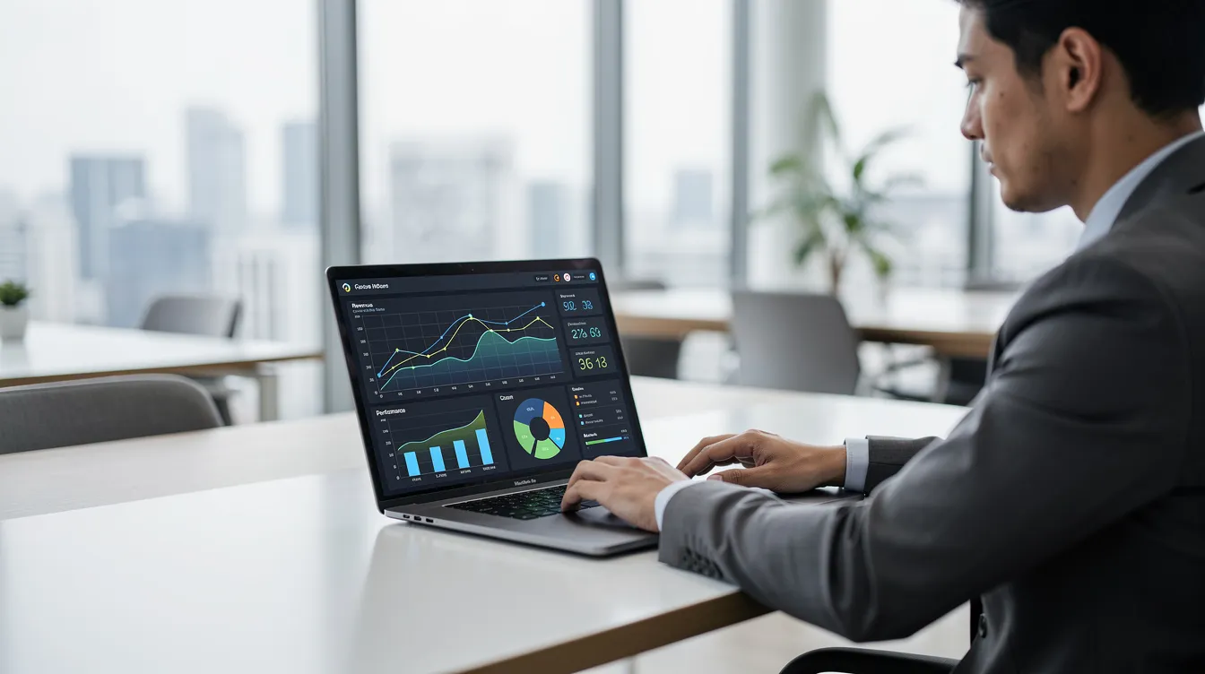 A person is focused on their laptop in a sleek, modern office, where data visualizations related to cannabis marketing and advertising strategies are displayed on the screen. The environment suggests a professional setting where cannabis businesses are utilizing digital marketing to analyze trends and develop campaigns.