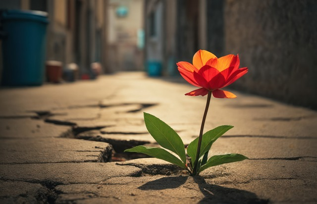 Resilient flower growing in cracks on concrete in alley. Image: Franz26