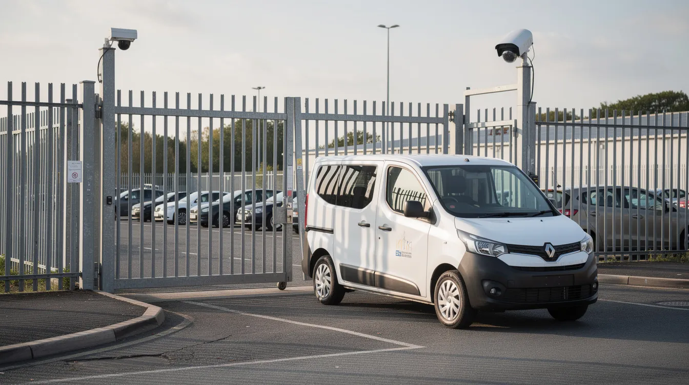 A small shuttle minibus is parked outside a fenced car park compound, where security cameras are visible, indicating a secure area for parking near Glasgow Airport. This location offers convenient options for passengers looking for safe and reliable airport parking.