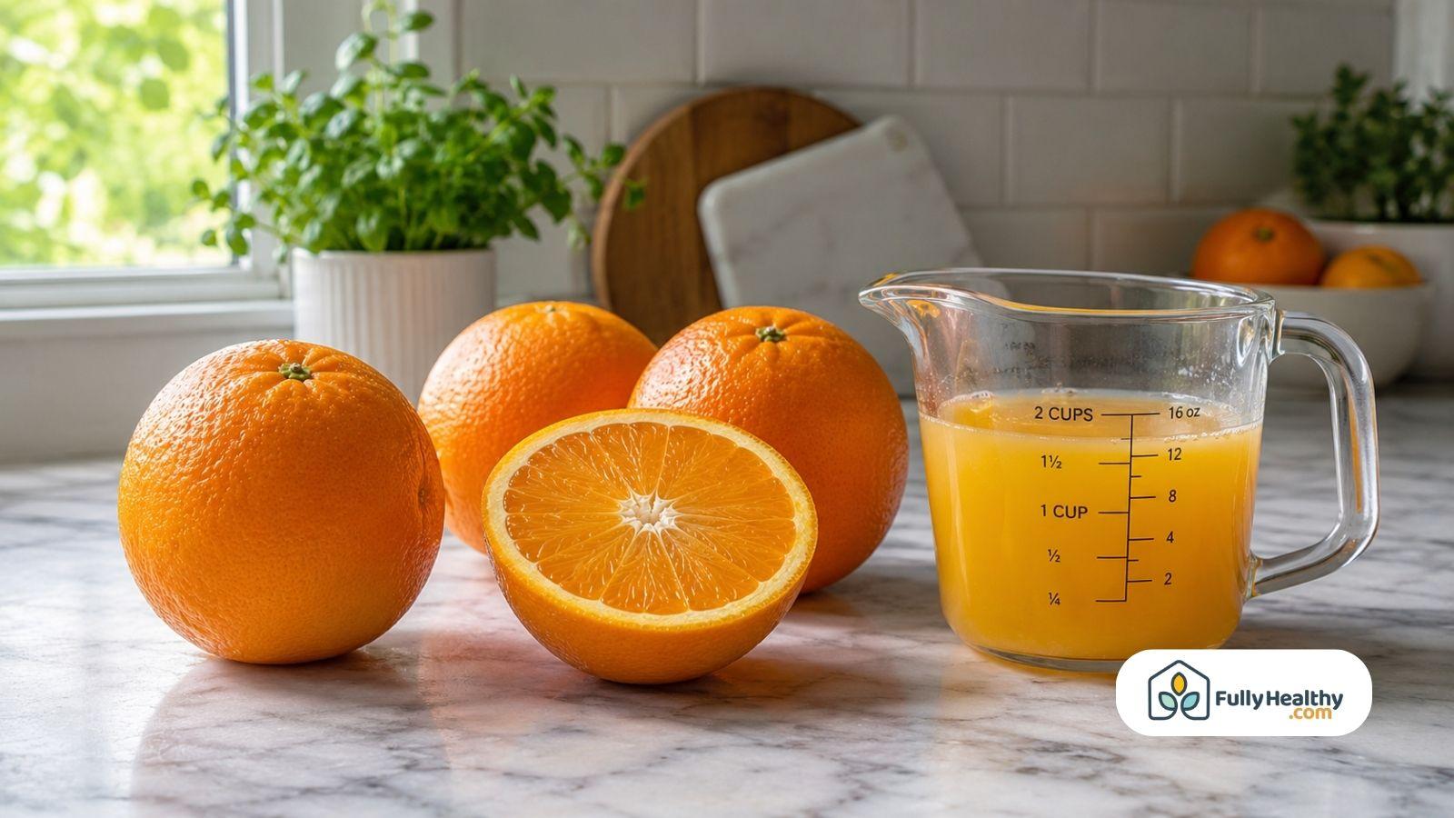 Fresh oranges beside measuring cup showing homemade orange juice yield naturally