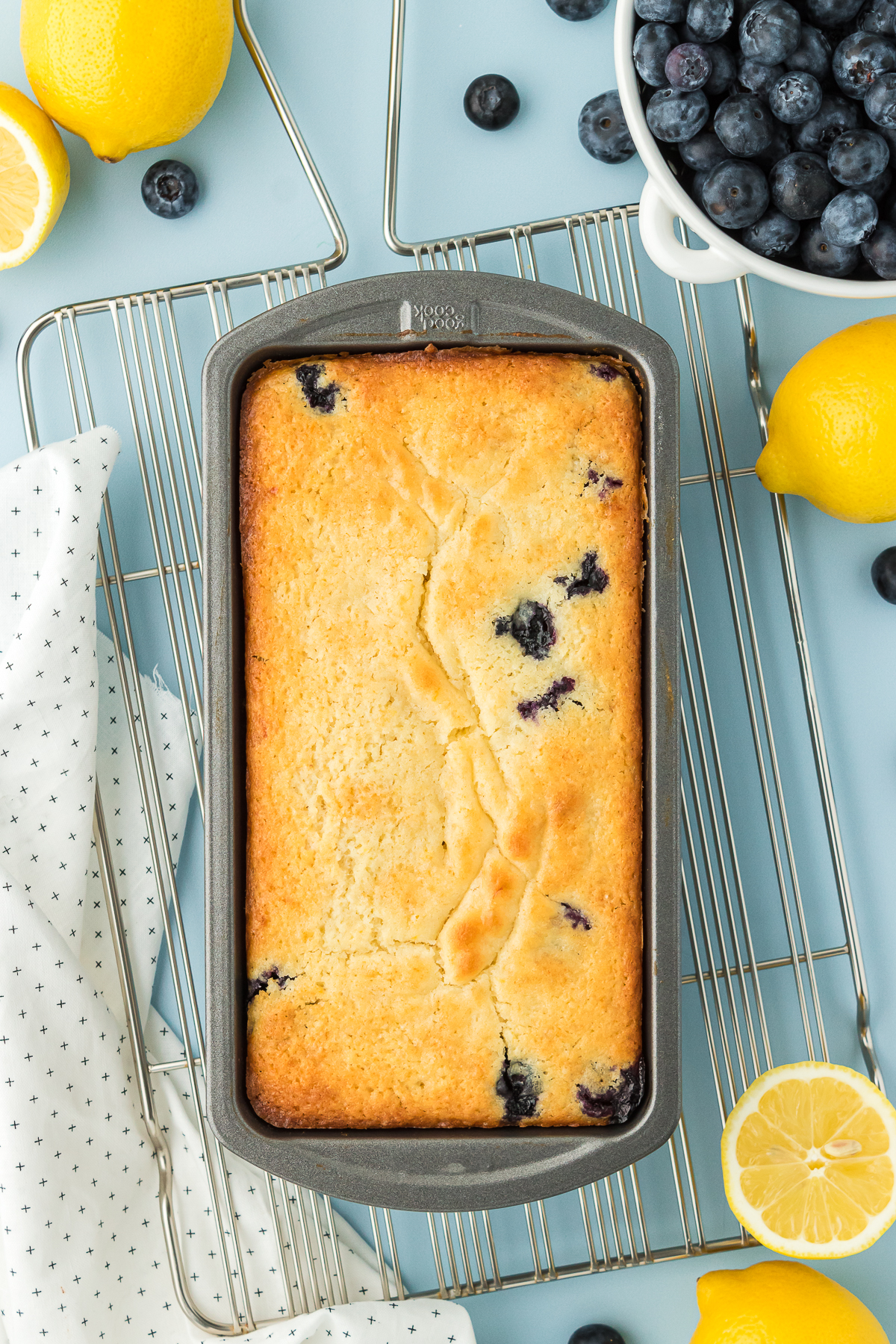 baked blueberry lemon quick bread in loaf pan