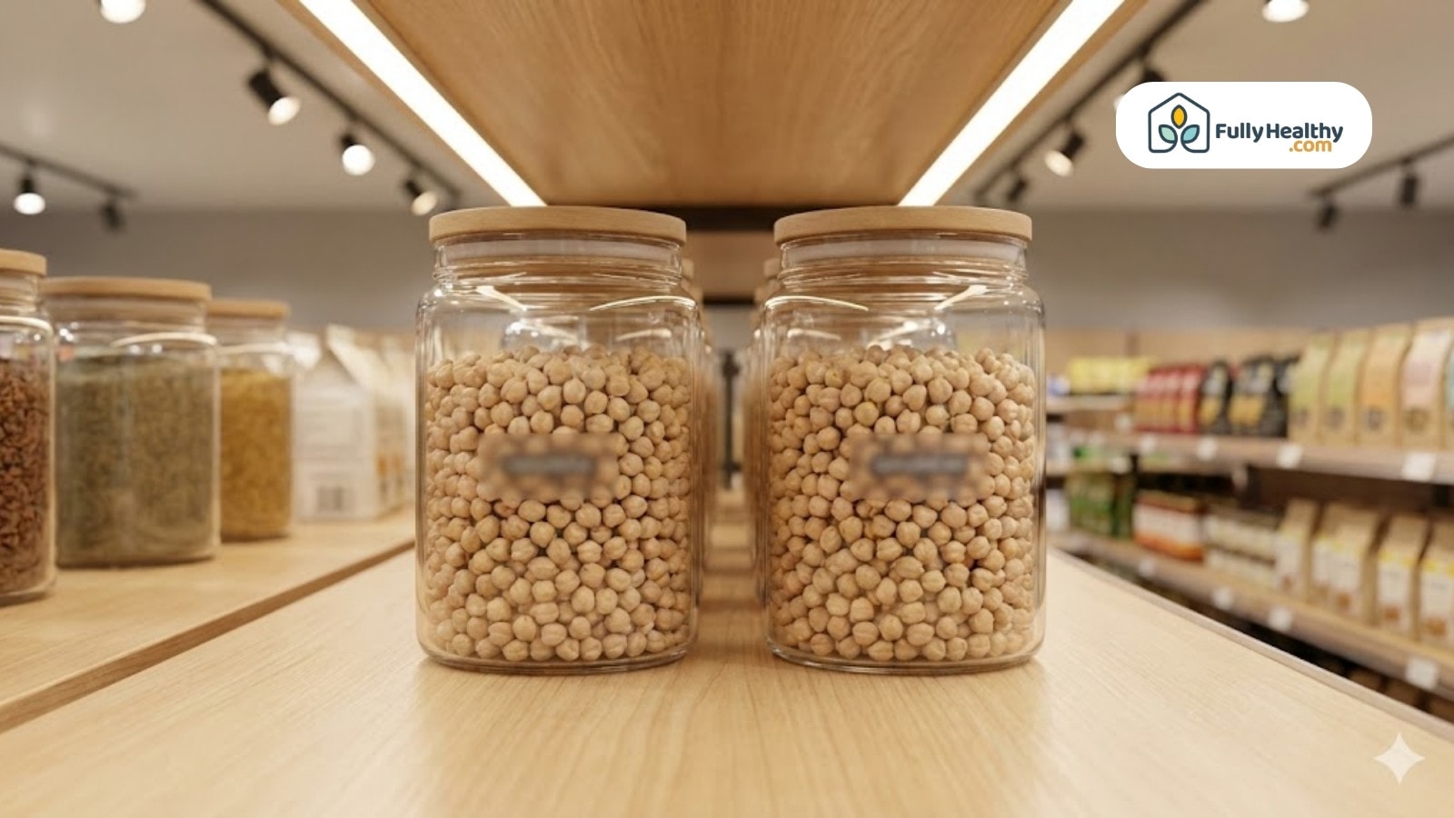 Glass jars filled with dried chickpeas on a shelf in a grocery store