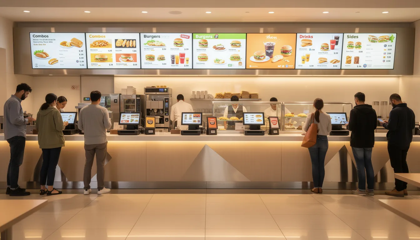 The image depicts a modern quick service restaurant counter, featuring digital menu boards displaying various menu items, while customers wait in line for their orders. The scene highlights the counter service model typical of fast food establishments, emphasizing the speed of service and convenience that customers expect.