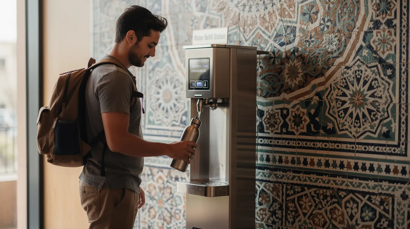 A traveler is filling a reusable water bottle at a hotel water station, surrounded by beautifully decorated Moroccan tiles. This image highlights the importance of access to safe drinking water for tourists in Morocco, reminding them to consider the quality of tap water versus bottled water during their trip.