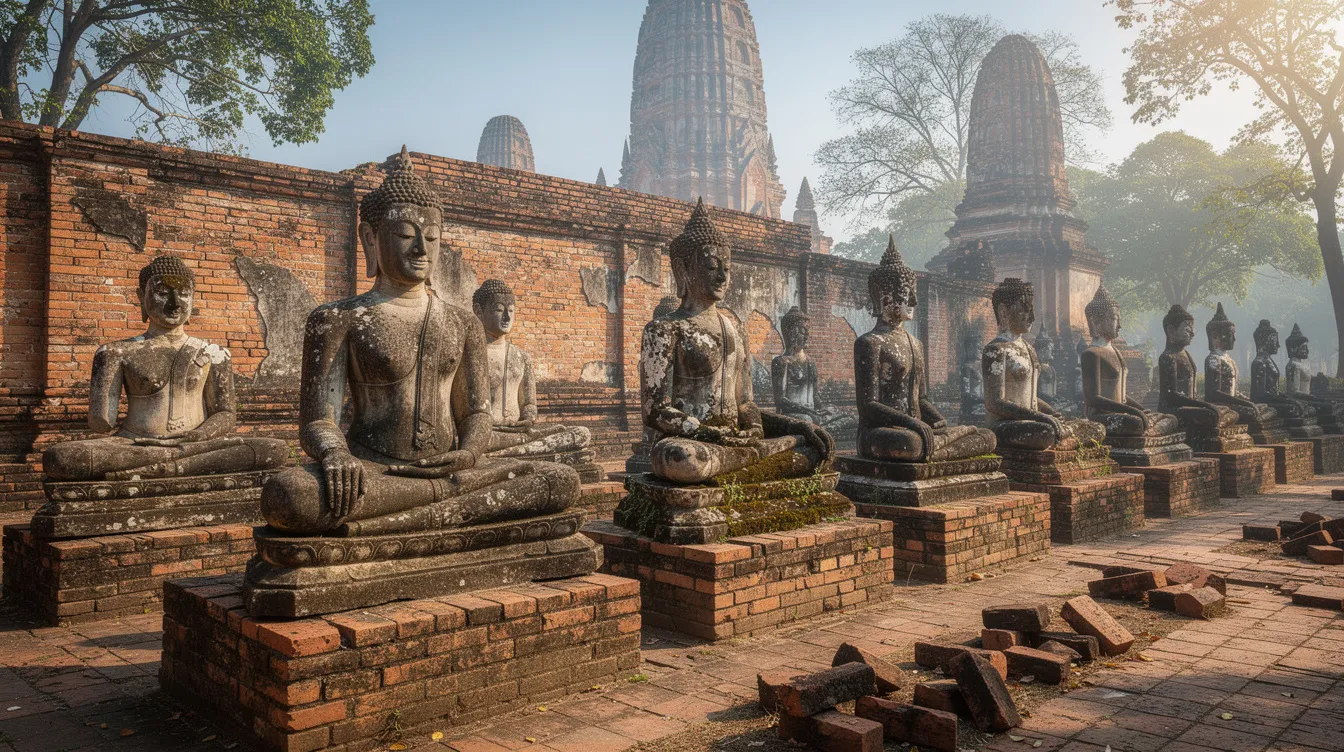 A imagem apresenta estátuas de Buda localizadas em Ayutthaya, na Tailândia, cercadas por ruínas de templos budistas que refletem a rica história e cultura do sudeste asiático. Essas estátuas são um importante ponto turístico, atraindo visitantes que buscam entender a espiritualidade e a tradição tailandesa.