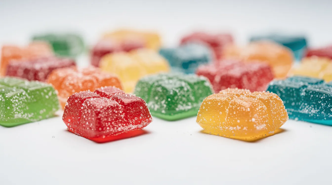 The image features a vibrant assortment of gummy candies, arranged neatly on a clean white surface, showcasing a variety of shapes and colors that evoke a sense of fun and sweetness. This visual delight could appeal to those interested in products like CBD gummies, often discussed in the context of Shark Tank and various advertisements.