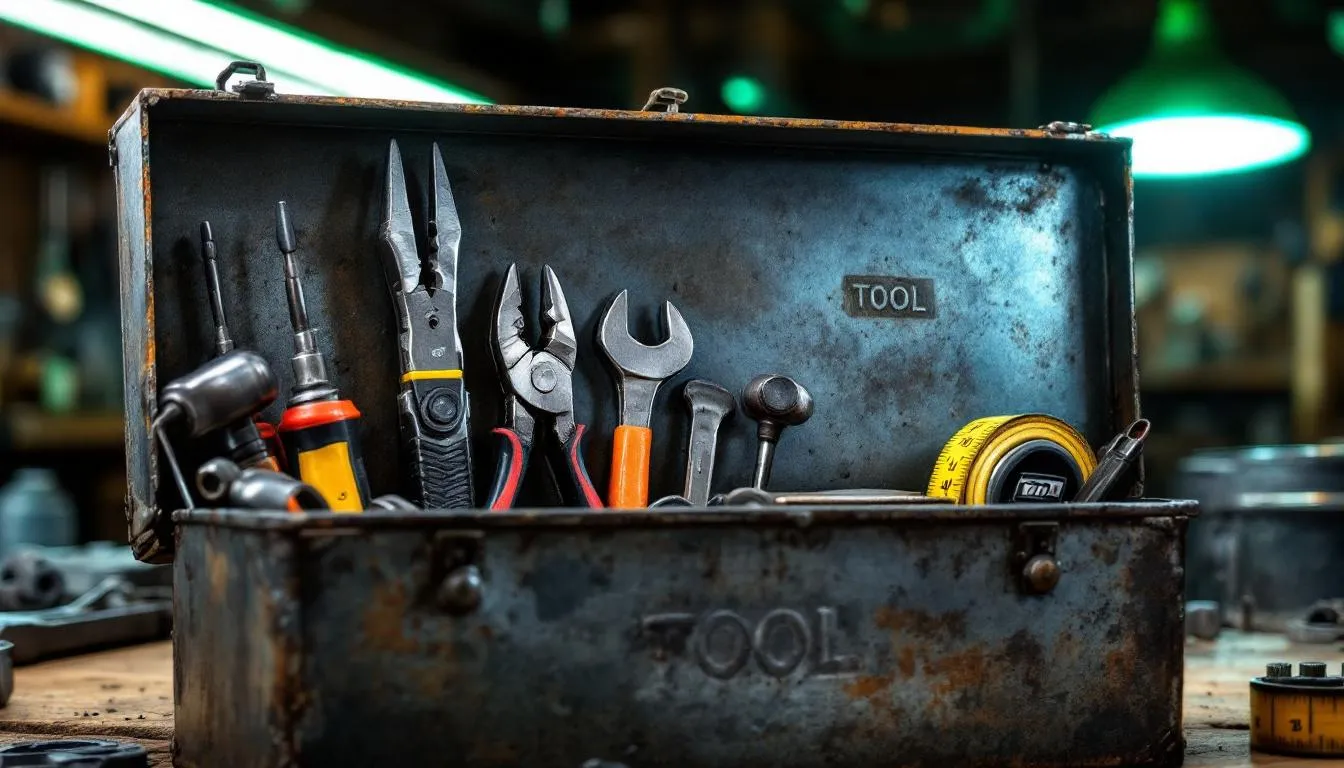Na obrazku widzimy otwartą skrzynkę narzędziową, w której starannie ułożony jest zestaw różnorodnych narzędzi, takich jak młotek, śrubokręty i klucze. Taki zestaw to doskonały pomysł na praktyczny prezent dla taty, idealny na urodziny lub inne okazje.