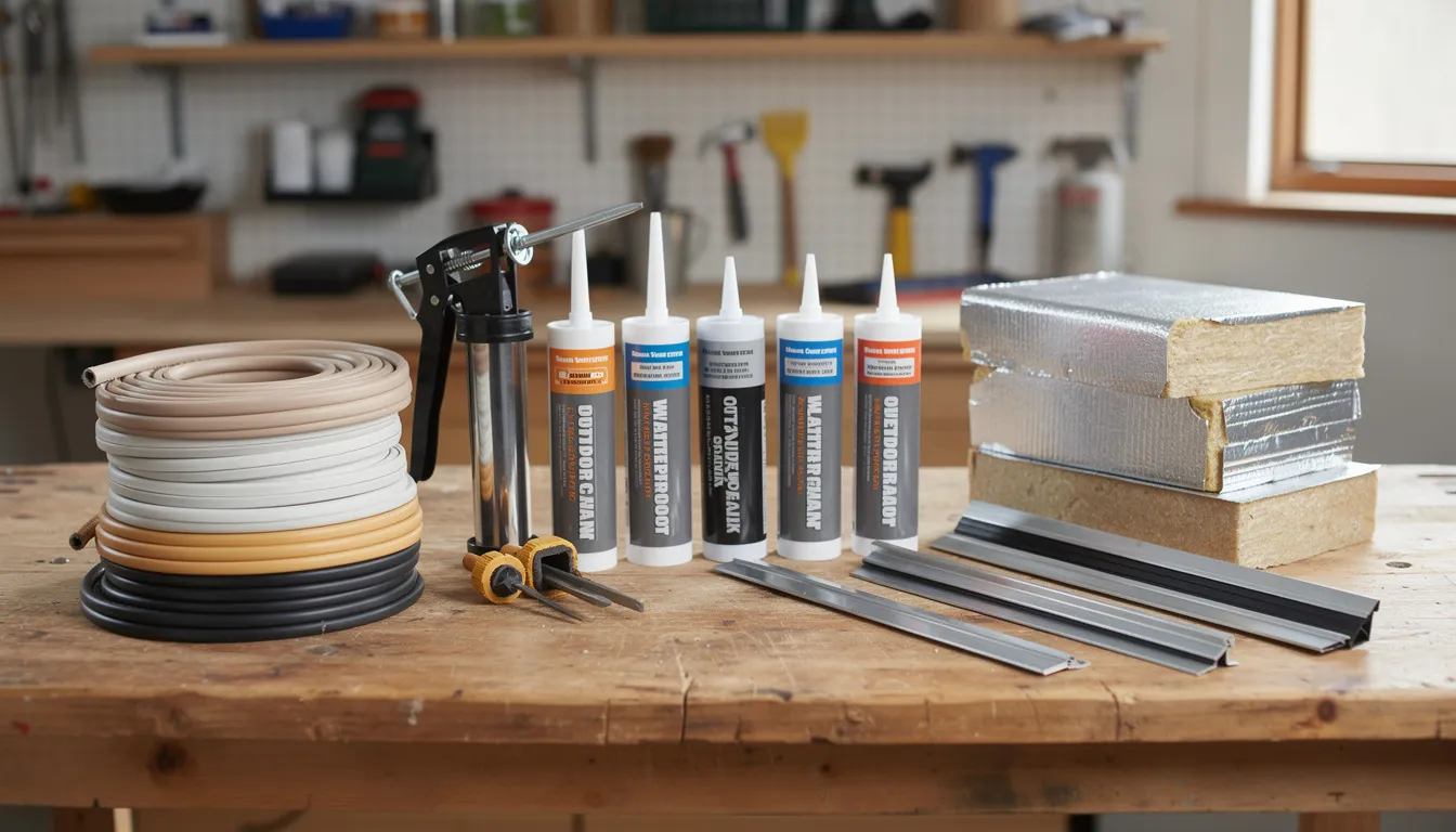 The image shows a well-organized workbench filled with various weatherstripping supplies, caulk, door sweeps, and insulation materials, all essential for improving a home's energy efficiency and preventing drafts. These items are key for homeowners looking to reduce energy consumption and lower energy bills by sealing air leaks and enhancing insulation.