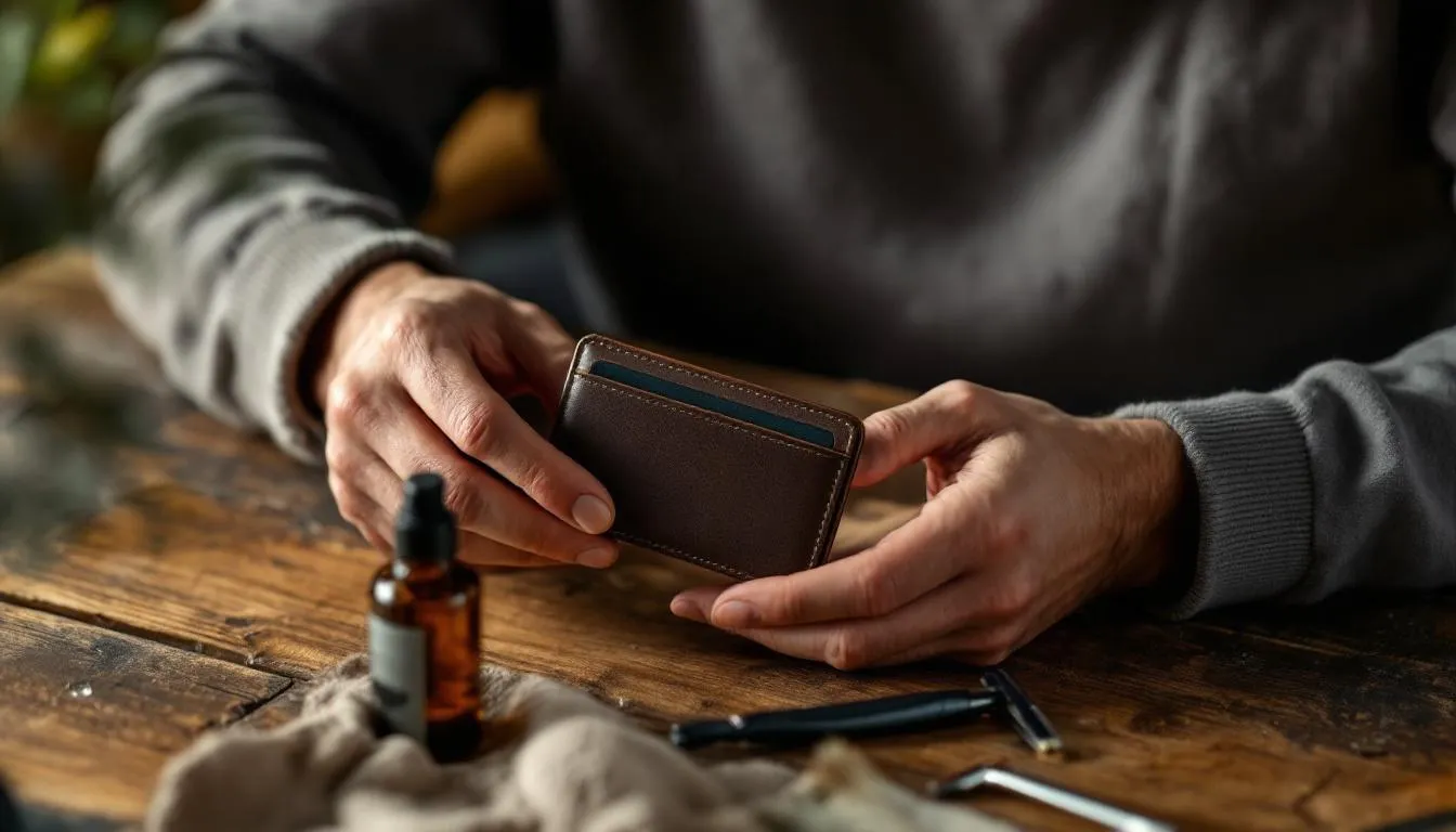 Stylish and practical anniversary gifts, including a leather wallet and grooming kit, perfect for him.