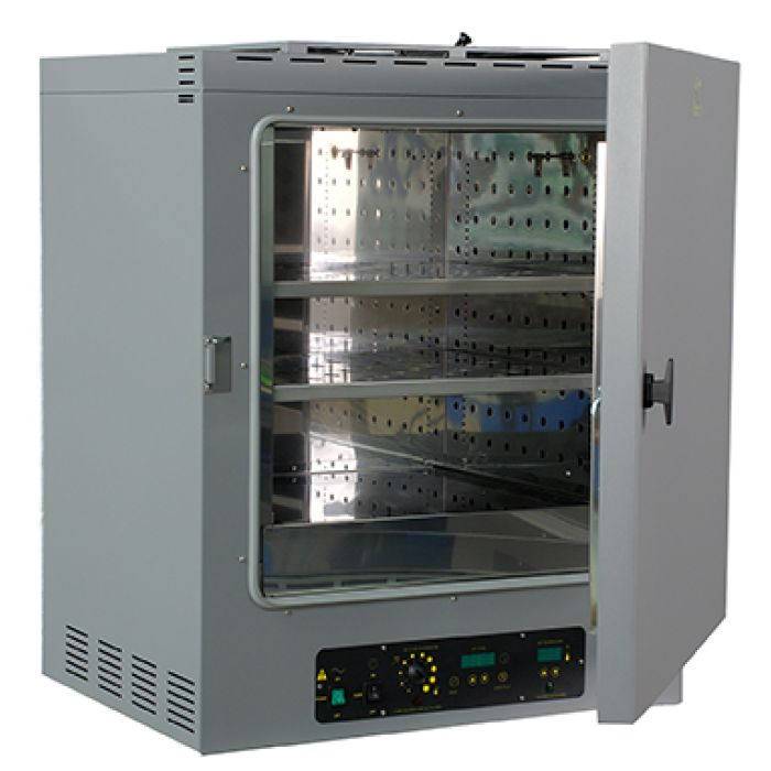 A laboratory convection oven with a motorized fan that circulates hot air for temperature uniformity