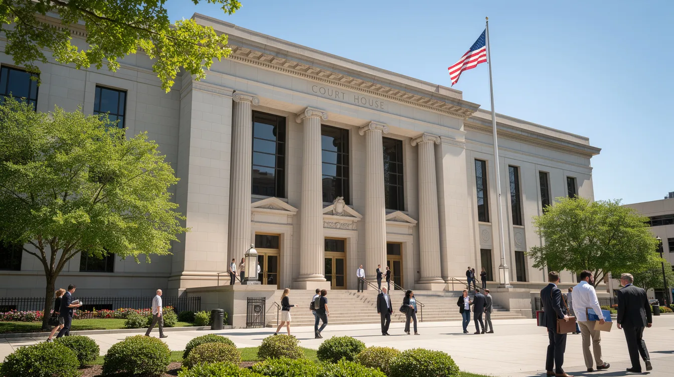 The image depicts a professional courthouse building with a modern architectural design, where several people are walking outside under clear blue skies on a sunny day. This scene reflects the legal environment where family law matters, such as child custody and support, are addressed in the Costa Mesa area.