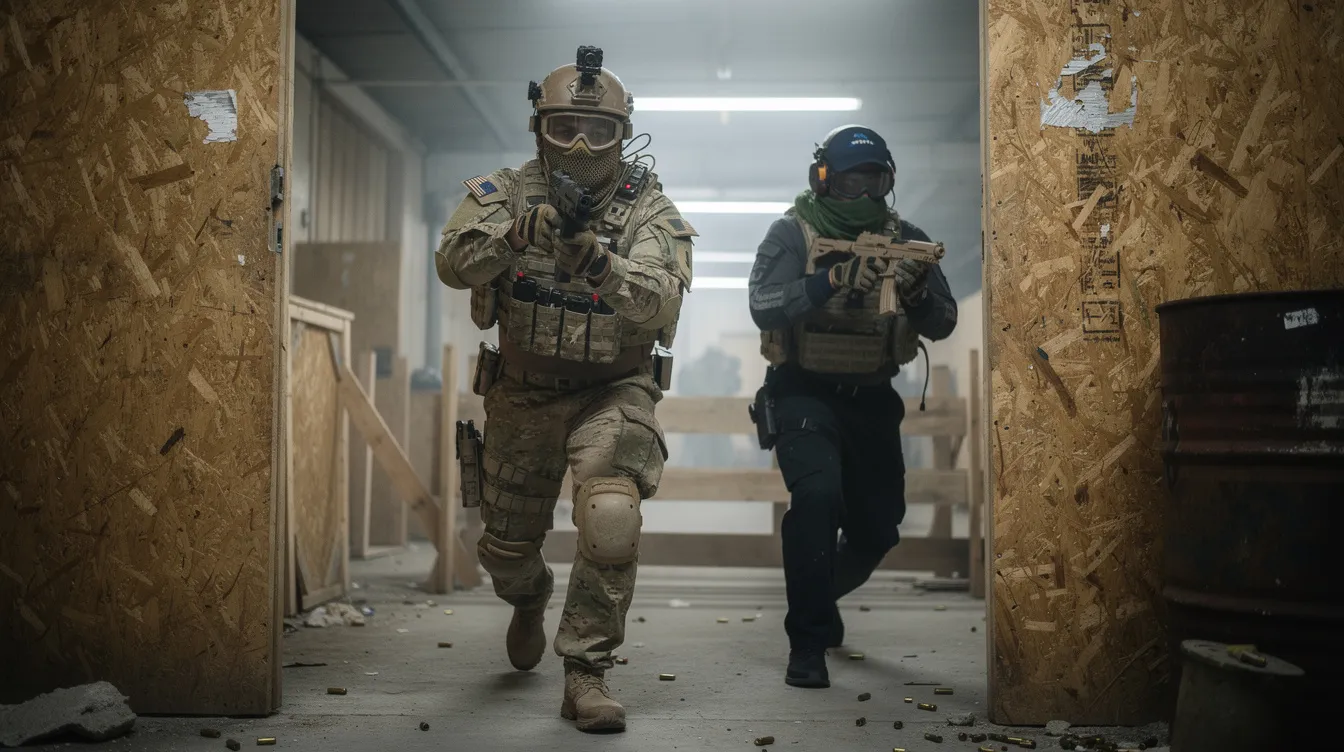 Two airsoft players, equipped with tactical gear and gas blowback airsoft pistols, are maneuvering through a doorway in a close-quarters battle (CQB) arena, showcasing their skills in a dynamic airsoft scenario. The scene captures the intensity and excitement of airsoft gameplay, emphasizing the players' strategic movements and realistic handling of their airsoft guns.