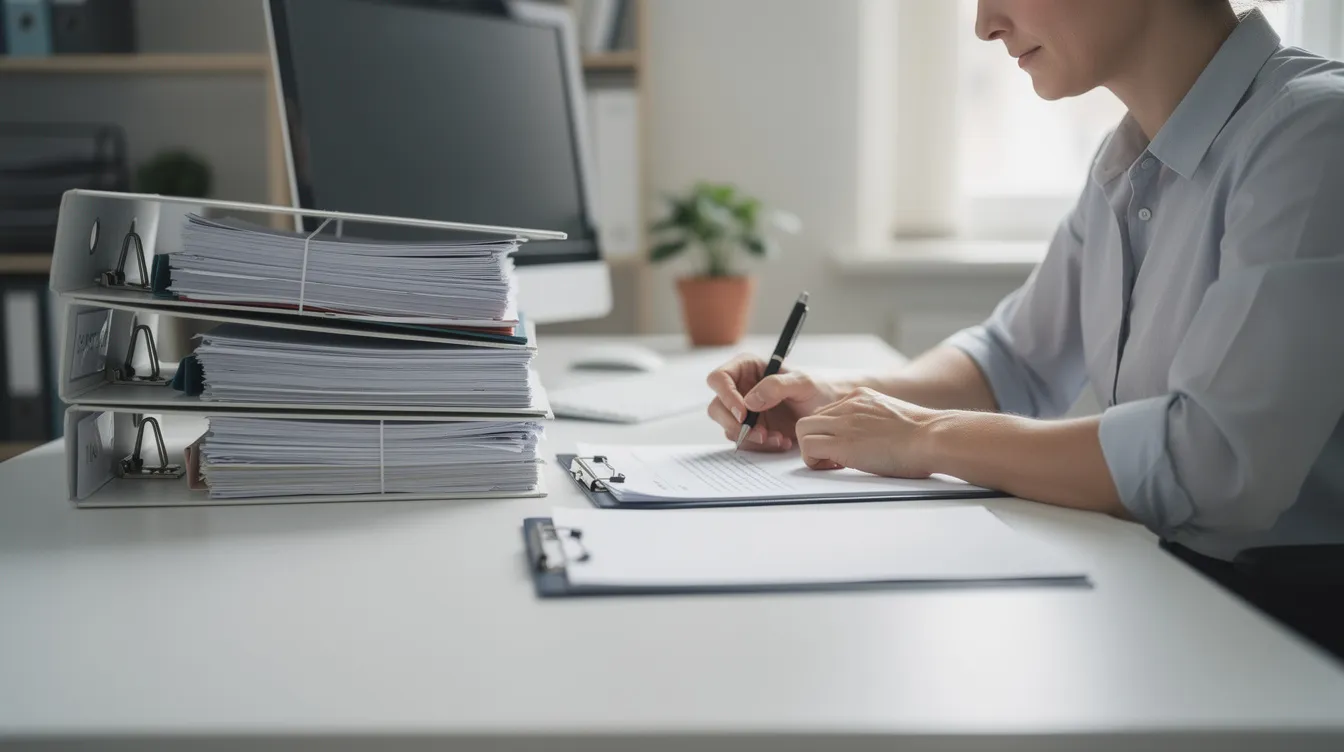 A person is seated at a desk, diligently writing a formal complaint letter while surrounded by neatly organized documents, including a bank statement and property tax receipt. The scene reflects the seriousness of addressing issues related to financial institutions, possibly involving mudra loans or business loans.
