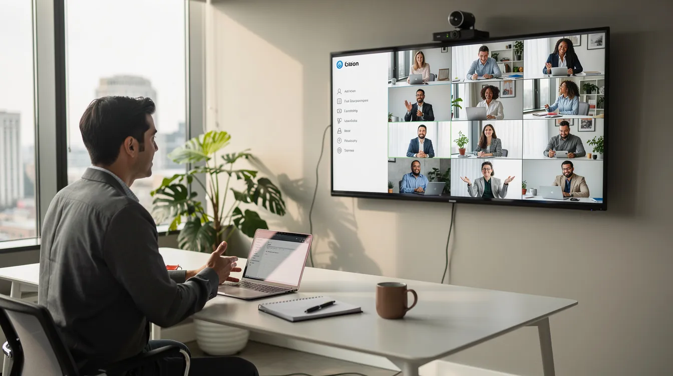 Un coach professionnel anime un atelier virtuel dans un bureau moderne, avec une équipe de collaborateurs visible sur un grand écran. Cette scène illustre la gestion de projet à distance et la collaboration efficace entre les membres d'une équipe dispersée.
