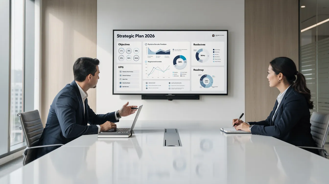 In a professional consultation setting, two individuals are collaborating on a strategic plan displayed on a large monitor, emphasizing the importance of effective customer education programs in enhancing customer satisfaction and driving business growth. The scene reflects a focus on customer success and the potential benefits of a robust learning management system.