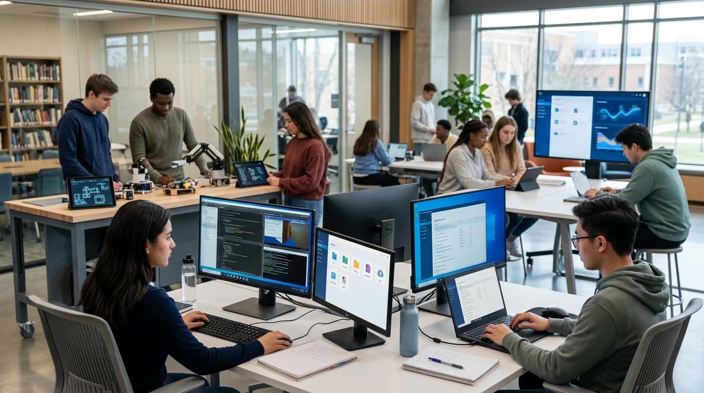 Modern educational ecosystem with students accessing virtual desktops, assignments, and hands-on labs through a unified learning platform connected seamlessly to cloud resources.