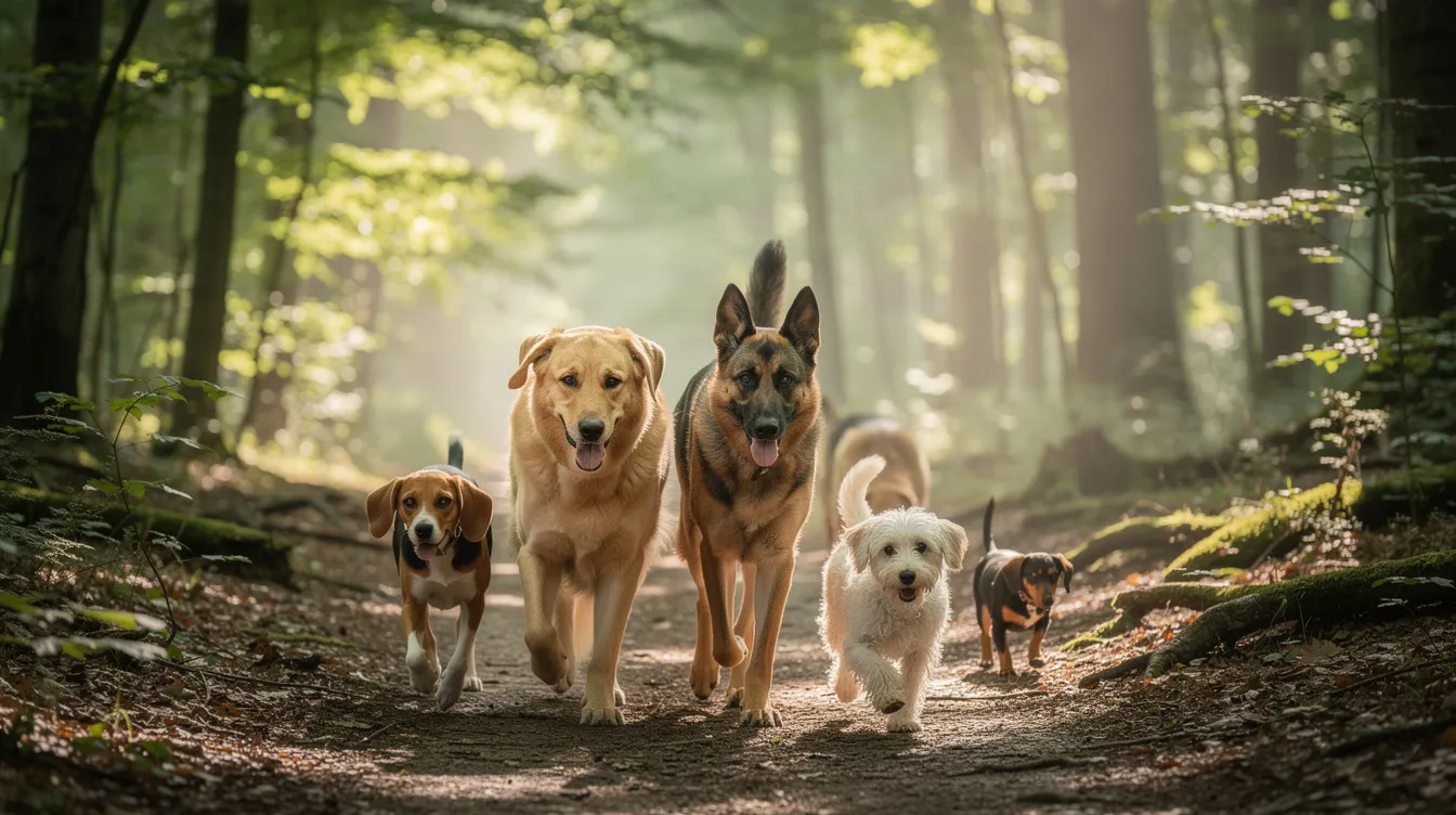 A diverse group of dogs, including various breeds and sizes, strolls together along a serene woodland path, surrounded by lush greenery. This scene highlights the joy of healthy dogs enjoying their time outdoors, which is essential for their overall health and well-being.