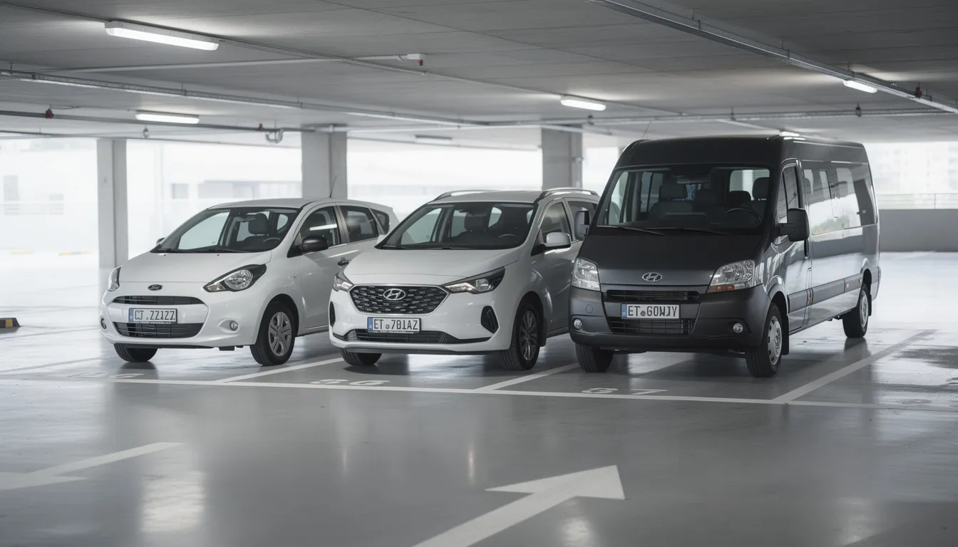 Une gamme de véhicules de location est alignée dans un parking couvert, comprenant une citadine, un SUV et un minibus, offrant ainsi un choix varié pour les clients. Cette image illustre les options disponibles chez Sixt pour répondre aux besoins de transport, que ce soit pour des trajets en ville ou des road trips.