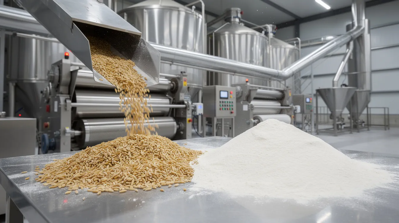 6e0ebe70 7721 4d43 a8fb 4a65a8e9e6c0 The image depicts a modern flour mill plant featuring advanced machinery for processing wheat grains into fine flour. The facility is equipped with steel equipment, showcasing the industrial milling process, including grinding units and cleaning sections, essential for producing high-quality bakery flour.